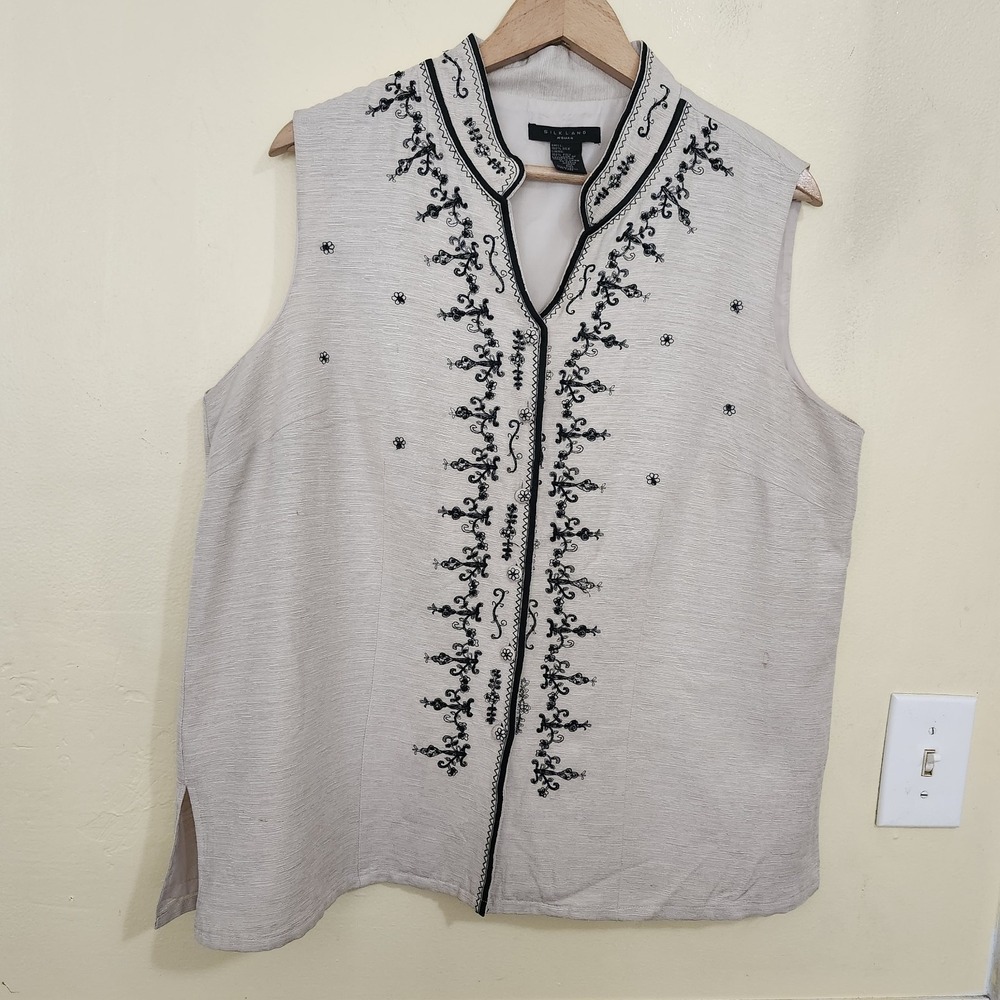 Silk Land Embroidered Silk Vest Women 1X Beige Black Beaded Mandarin‎ Collar